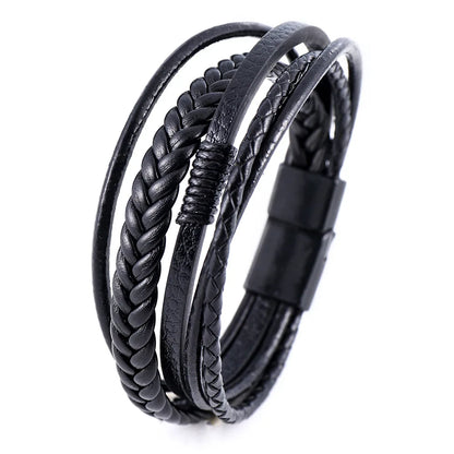 Multi Layer Braided Rope Bracelet for Men | Classic Handmade PU Leather Wristband with Magnetic Buckle