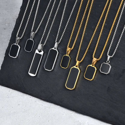 Men's Geometric Square Necklace | Black Enamel Rectangle Pendant with Rope Chain