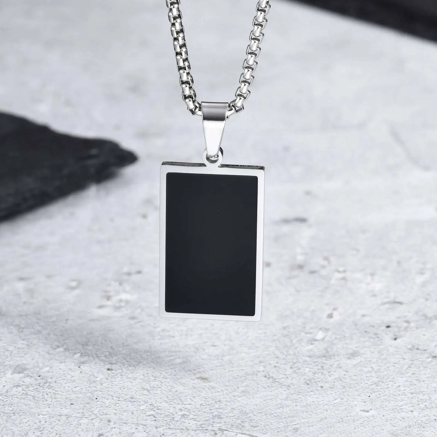 Men's Geometric Square Necklace | Black Enamel Rectangle Pendant with Rope Chain