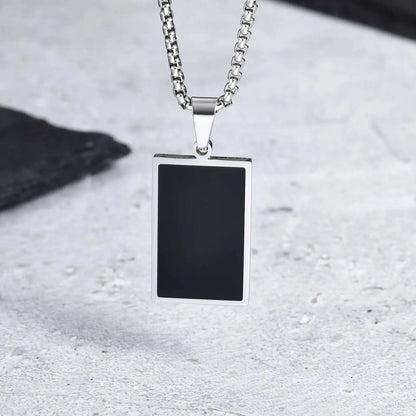 Men's Geometric Square Necklace | Black Enamel Rectangle Pendant with Rope Chain
