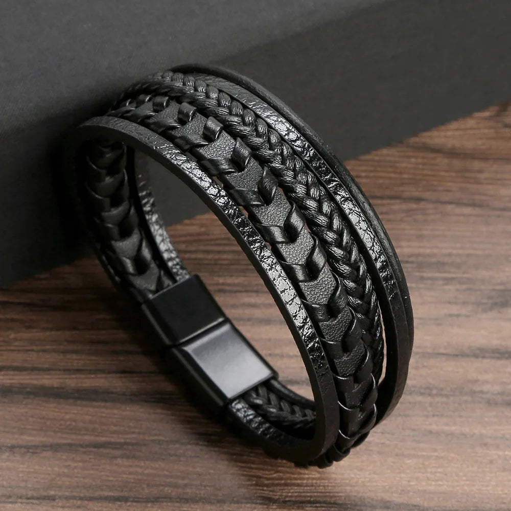 Multi Layer Braided Rope Bracelet for Men | Classic Handmade PU Leather Wristband with Magnetic Buckle