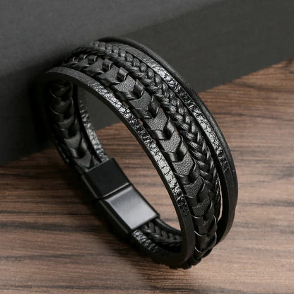 Multi Layer Braided Rope Bracelet for Men | Classic Handmade PU Leather Wristband with Magnetic Buckle