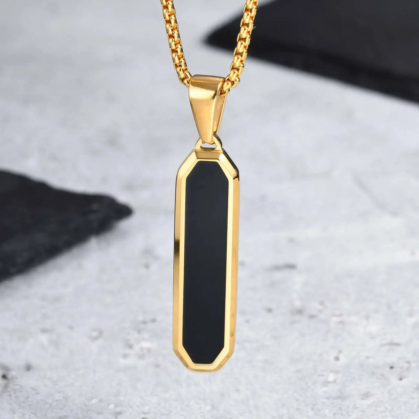 Men's Geometric Square Necklace | Black Enamel Rectangle Pendant with Rope Chain