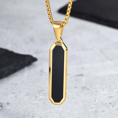 Men's Geometric Square Necklace | Black Enamel Rectangle Pendant with Rope Chain