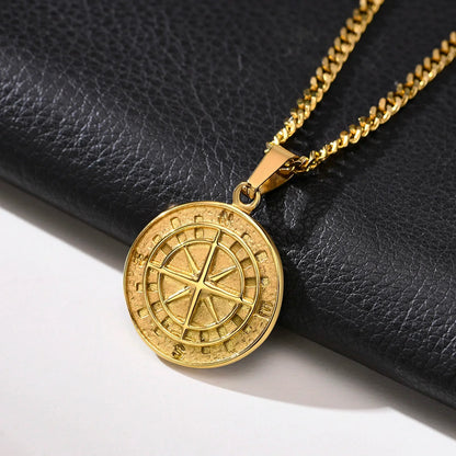 Gold Men's Compass Necklace | Vintage Viking North Star Anchor Stainless Steel Pendant