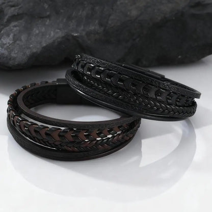 Multi Layer Braided Rope Bracelet for Men | Classic Handmade PU Leather Wristband with Magnetic Buckle