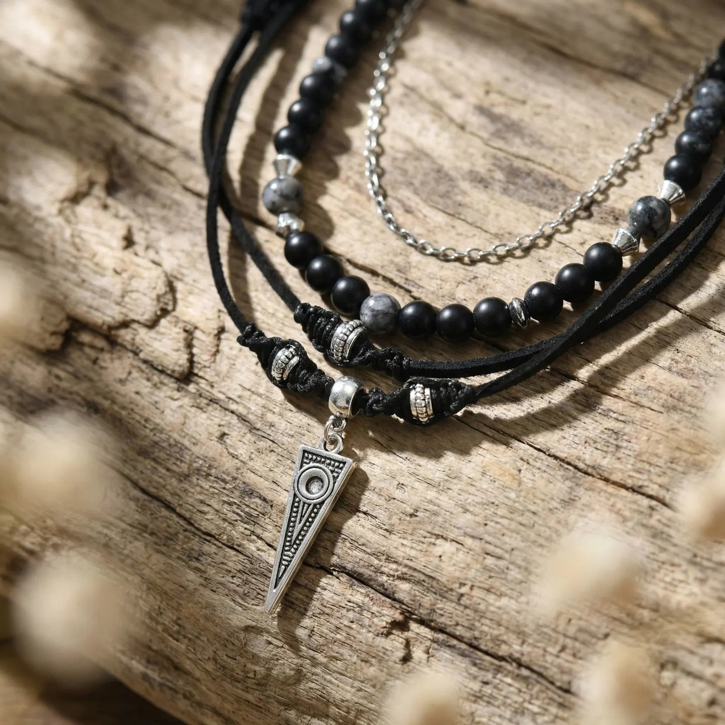 Metal Triangle Pendant Black Onyx Beaded Layered Leather Necklace | Boho Jewelry for Men and Women