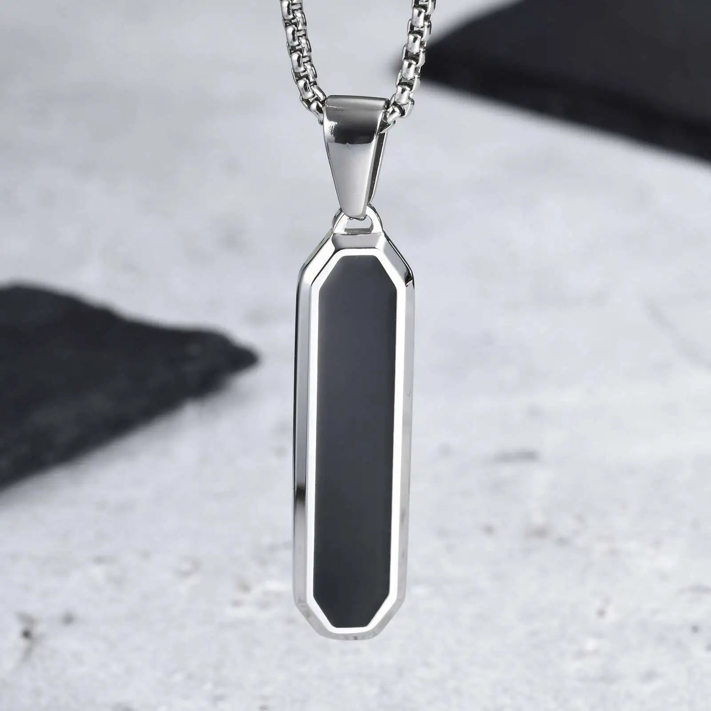 Men's Geometric Square Necklace | Black Enamel Rectangle Pendant with Rope Chain