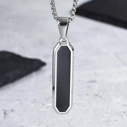 Men's Geometric Square Necklace | Black Enamel Rectangle Pendant with Rope Chain