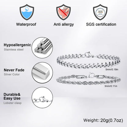 Men's Stainless Steel Chain Bracelets Set | 2pcs Silver Gold Black Twist Rope & Cuban Link