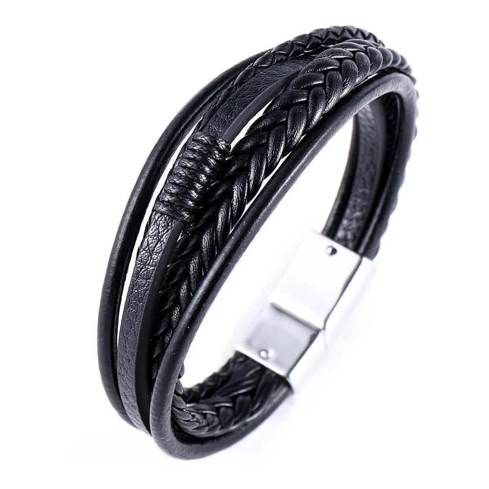 Multi Layer Braided Rope Bracelet for Men | Classic Handmade PU Leather Wristband with Magnetic Buckle