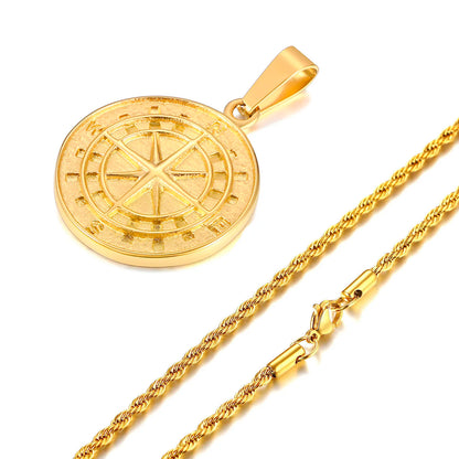 Gold Men's Compass Necklace | Vintage Viking North Star Anchor Stainless Steel Pendant
