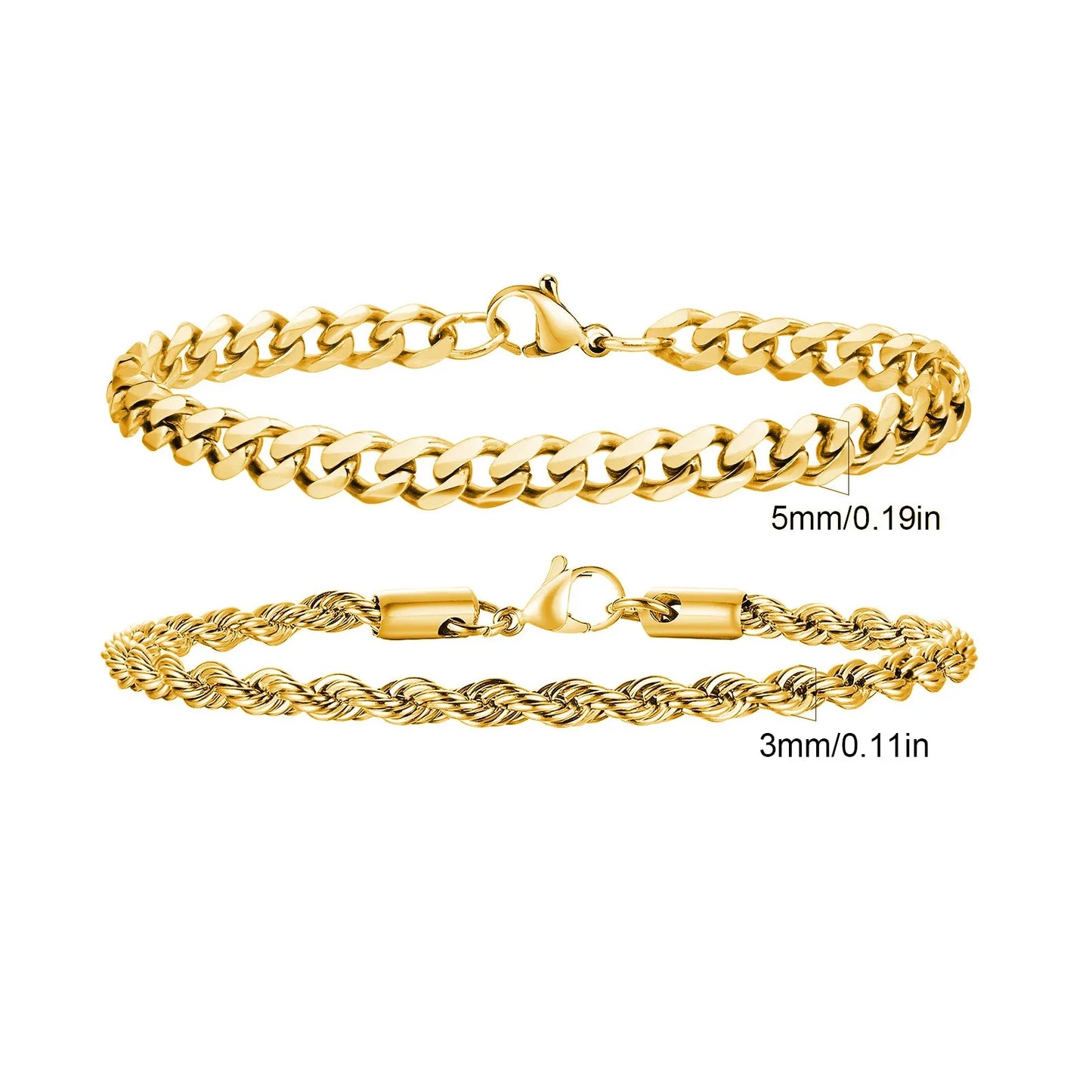 Men's Stainless Steel Chain Bracelets Set | 2pcs Silver Gold Black Twist Rope & Cuban Link