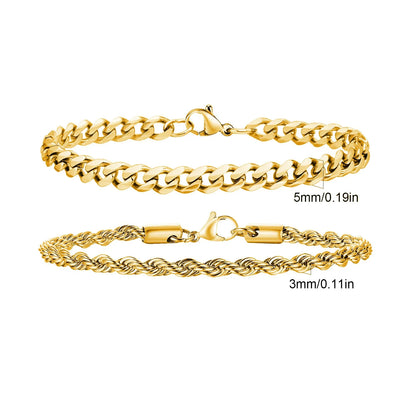Men's Stainless Steel Chain Bracelets Set | 2pcs Silver Gold Black Twist Rope & Cuban Link