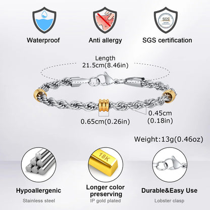 Vnox Men's Stainless Steel Rope Chain Bracelet with Tube Charms | Trendy Cuban Link Wristband