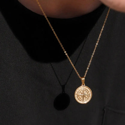 Gold Men's Compass Necklace | Vintage Viking North Star Anchor Stainless Steel Pendant