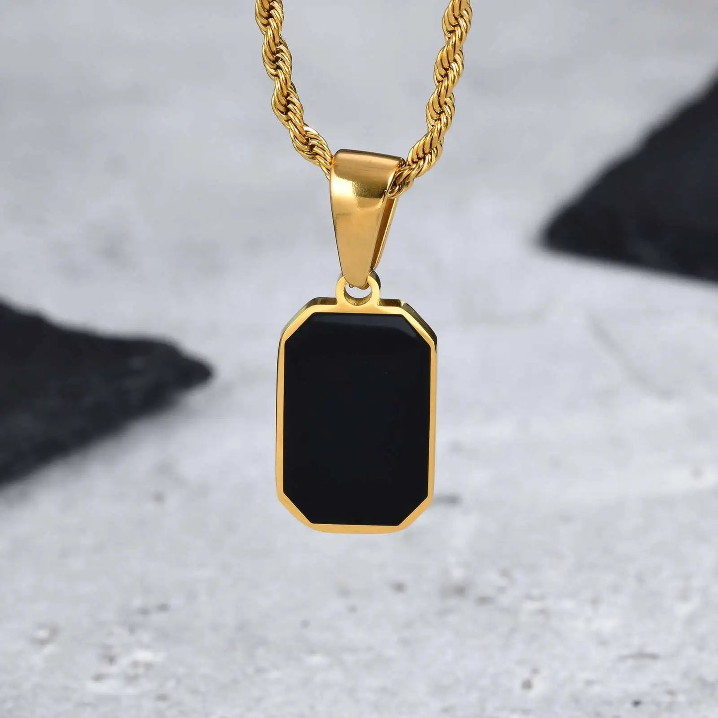 Men's Geometric Square Necklace | Black Enamel Rectangle Pendant with Rope Chain