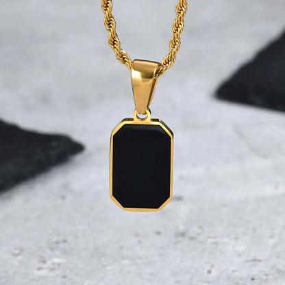 Men's Geometric Square Necklace | Black Enamel Rectangle Pendant with Rope Chain