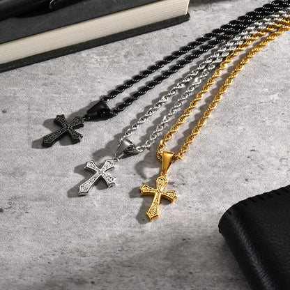 Stainless Steel Cross Pendant Necklace for Men | Retro Religious Faith Jewelry Gift