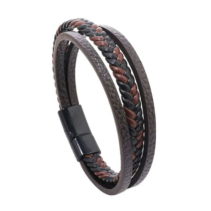 Multi Layer Braided Rope Bracelet for Men | Classic Handmade PU Leather Wristband with Magnetic Buckle