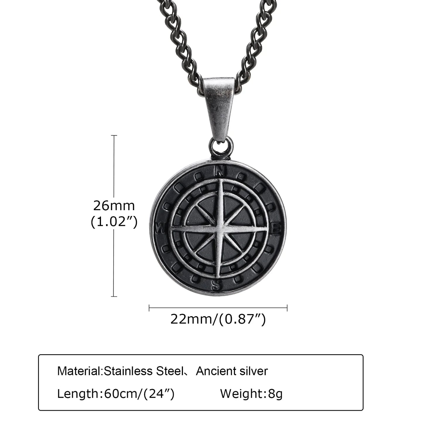 Vintage Compass Pendant Necklace | Stainless Steel Coin Necklace for Men