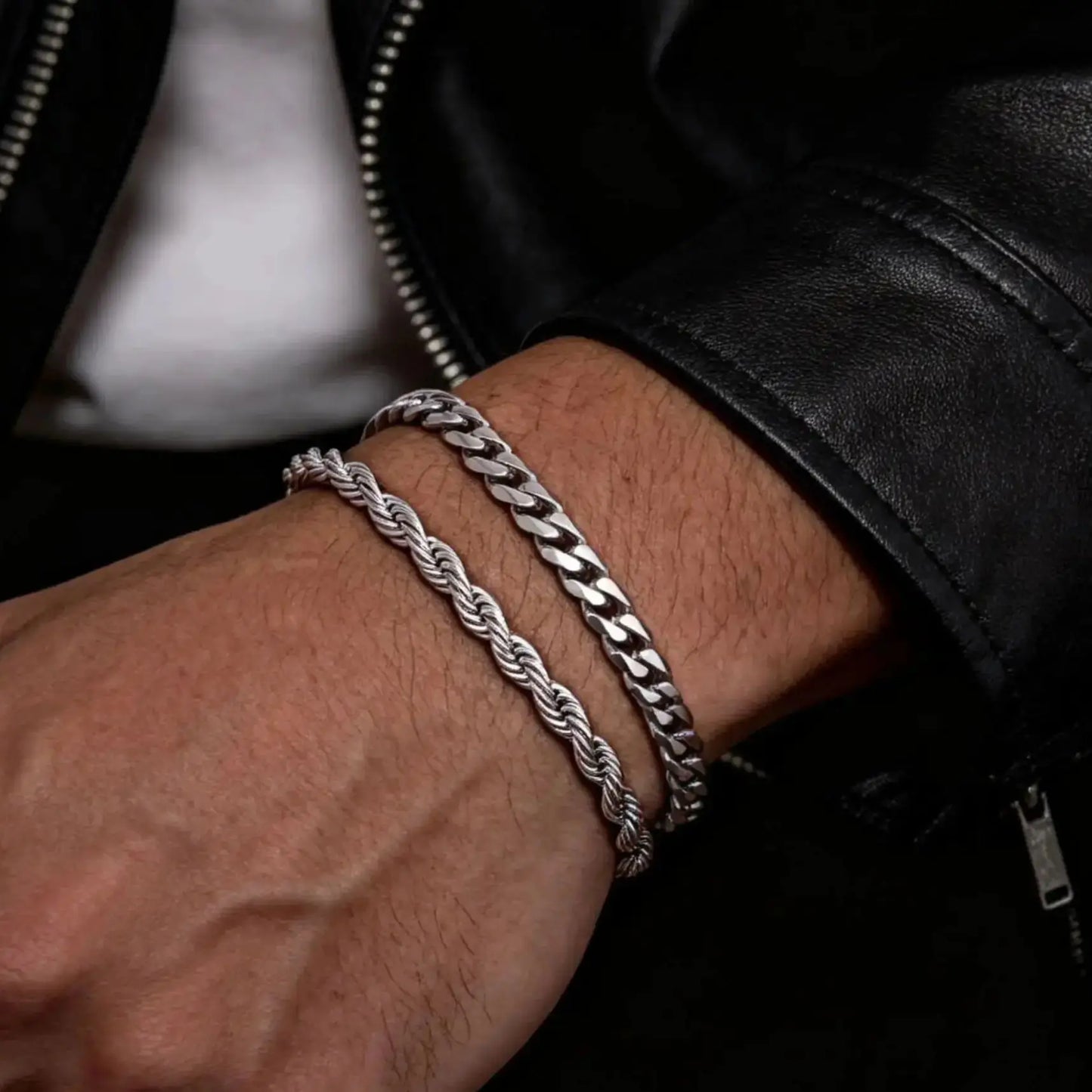 Men's Stainless Steel Chain Bracelets Set | 2pcs Silver Gold Black Twist Rope & Cuban Link