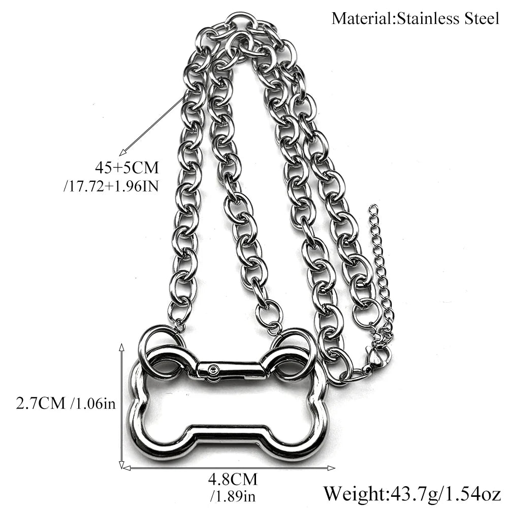 Punk Dog Bone Pendant Necklace | Stainless Steel Silver Goth Choker