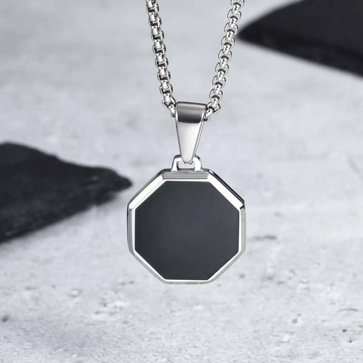 Men's Geometric Square Necklace | Black Enamel Rectangle Pendant with Rope Chain