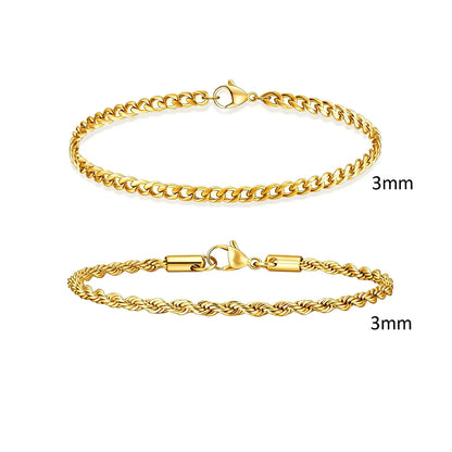 Men's Stainless Steel Chain Bracelets Set | 2pcs Silver Gold Black Twist Rope & Cuban Link