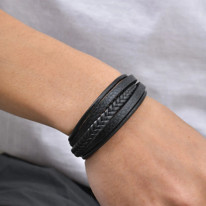 Multi Layer Braided Rope Bracelet for Men | Classic Handmade PU Leather Wristband with Magnetic Buckle