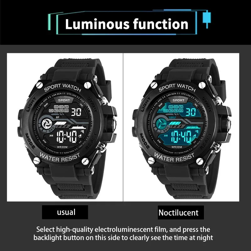 Men's Sports Watch WR30M Water Resistant | Large Digital LED Military Style