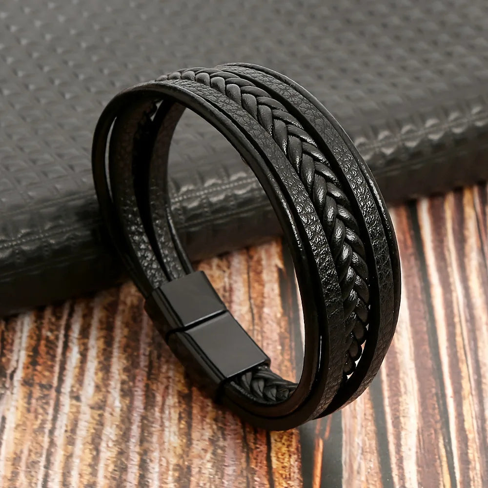 Multi Layer Braided Rope Bracelet for Men | Classic Handmade PU Leather Wristband with Magnetic Buckle