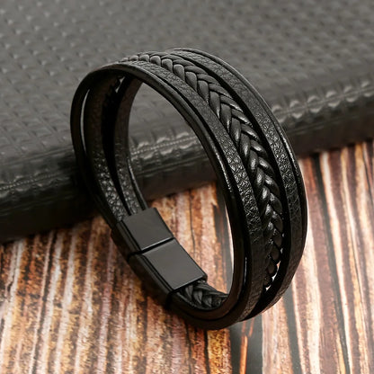 Multi Layer Braided Rope Bracelet for Men | Classic Handmade PU Leather Wristband with Magnetic Buckle