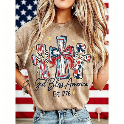 Women's God Bless America T-Shirt – Retro Patriotic 4th of July Graphic Tee, Vintage Washed Lightweight Cotton USA Country Pride Top