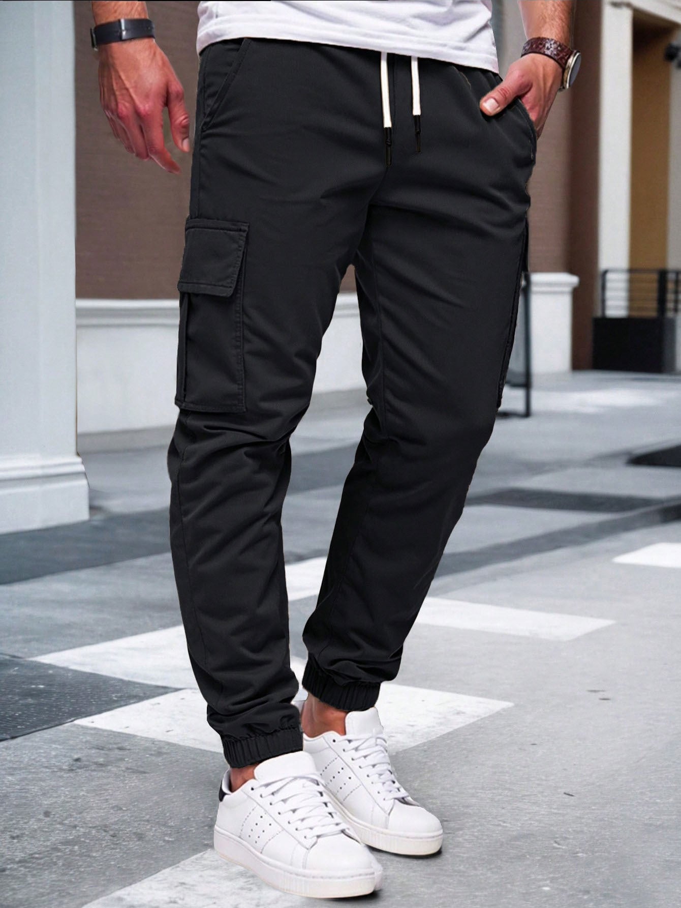 Mens Solid-color Work Pants With Drawstring Elastic Cuffs