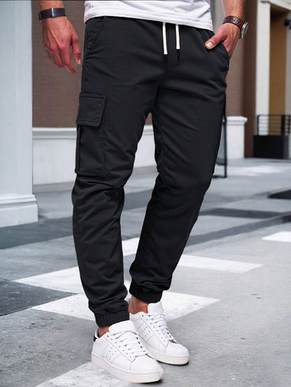 Mens Solid-color Work Pants With Drawstring Elastic Cuffs