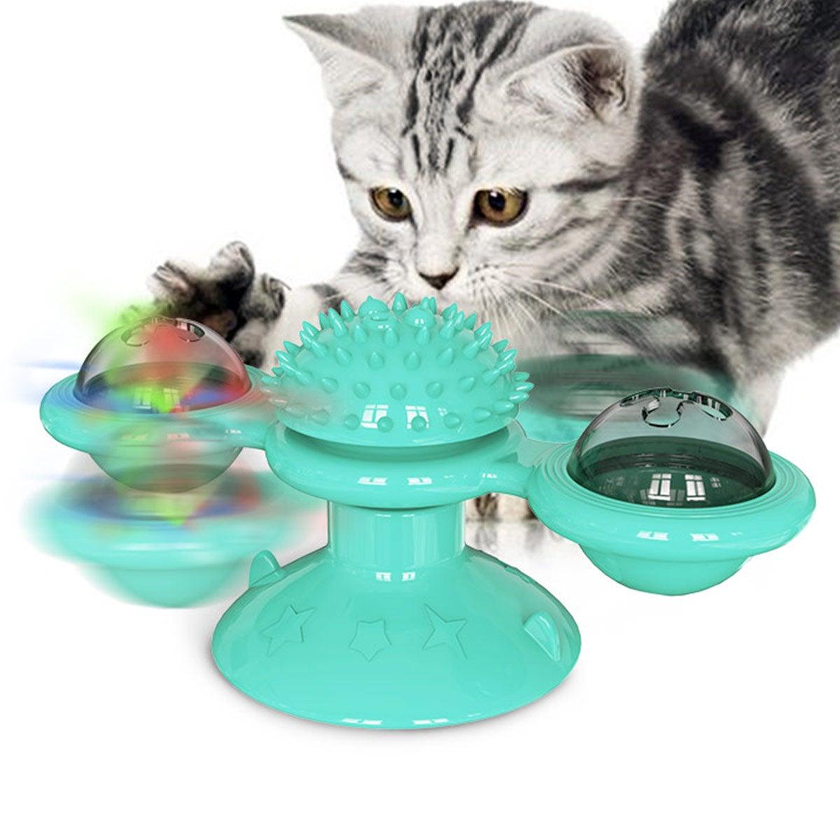 Cat Windmill Toy Funny Massage Rotatable Cat Toys With Catnip LED Ball Teeth Cleaning Pet Newest Windmill Cat Toy with LED and Catnip Ball Cat Turntable Teasing Interactive Toy with a Suction Cup Base Can be Cleaned Rotary Massage Tickle Anti-bite Toy