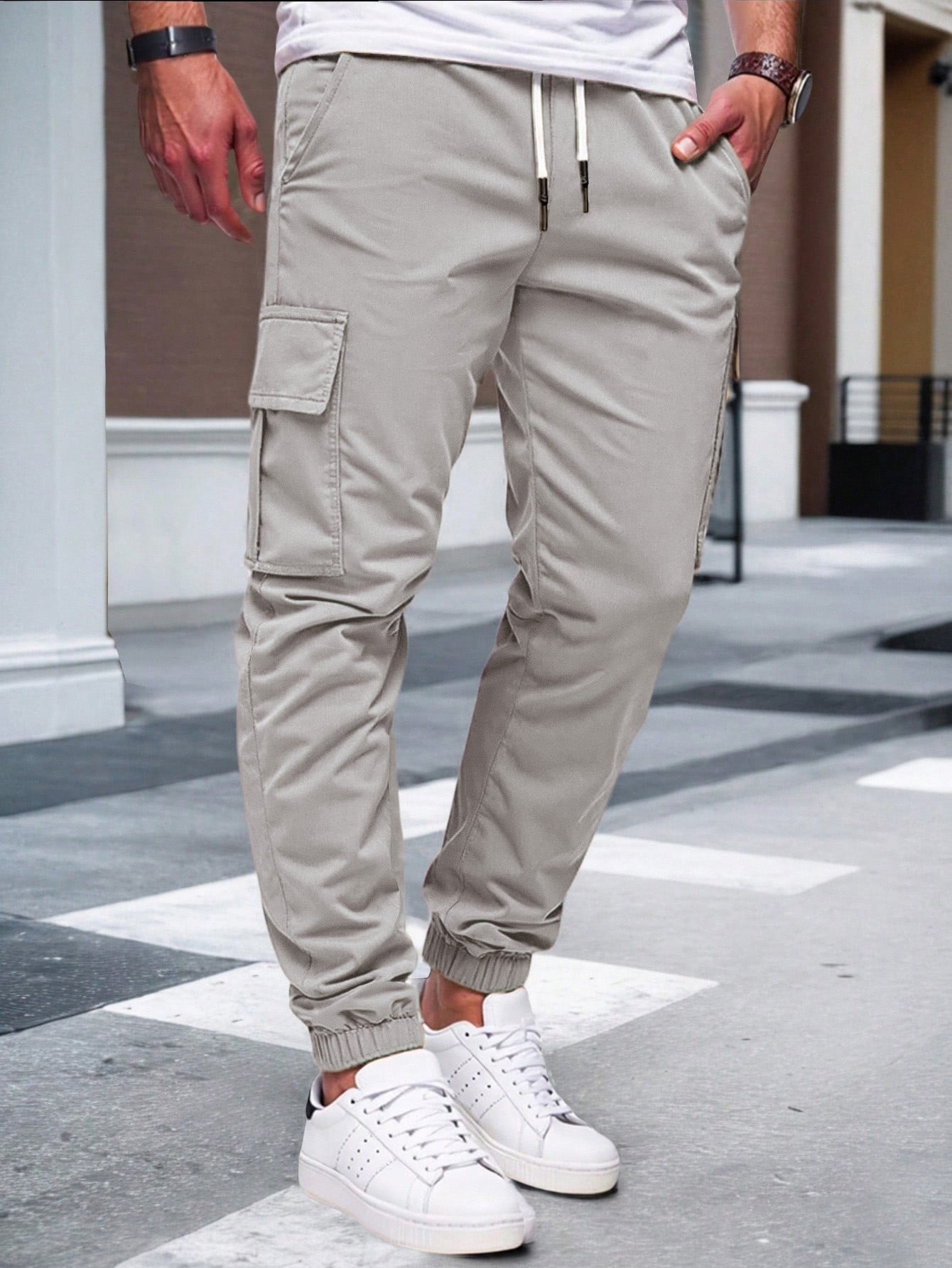 Mens Solid-color Work Pants With Drawstring Elastic Cuffs