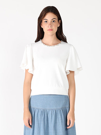 Crystal Embroidered Crewneck Top