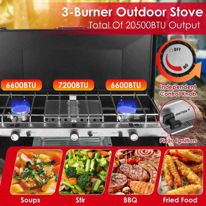 3-Burner 20,000 BTU Portable Propane Camping Stove