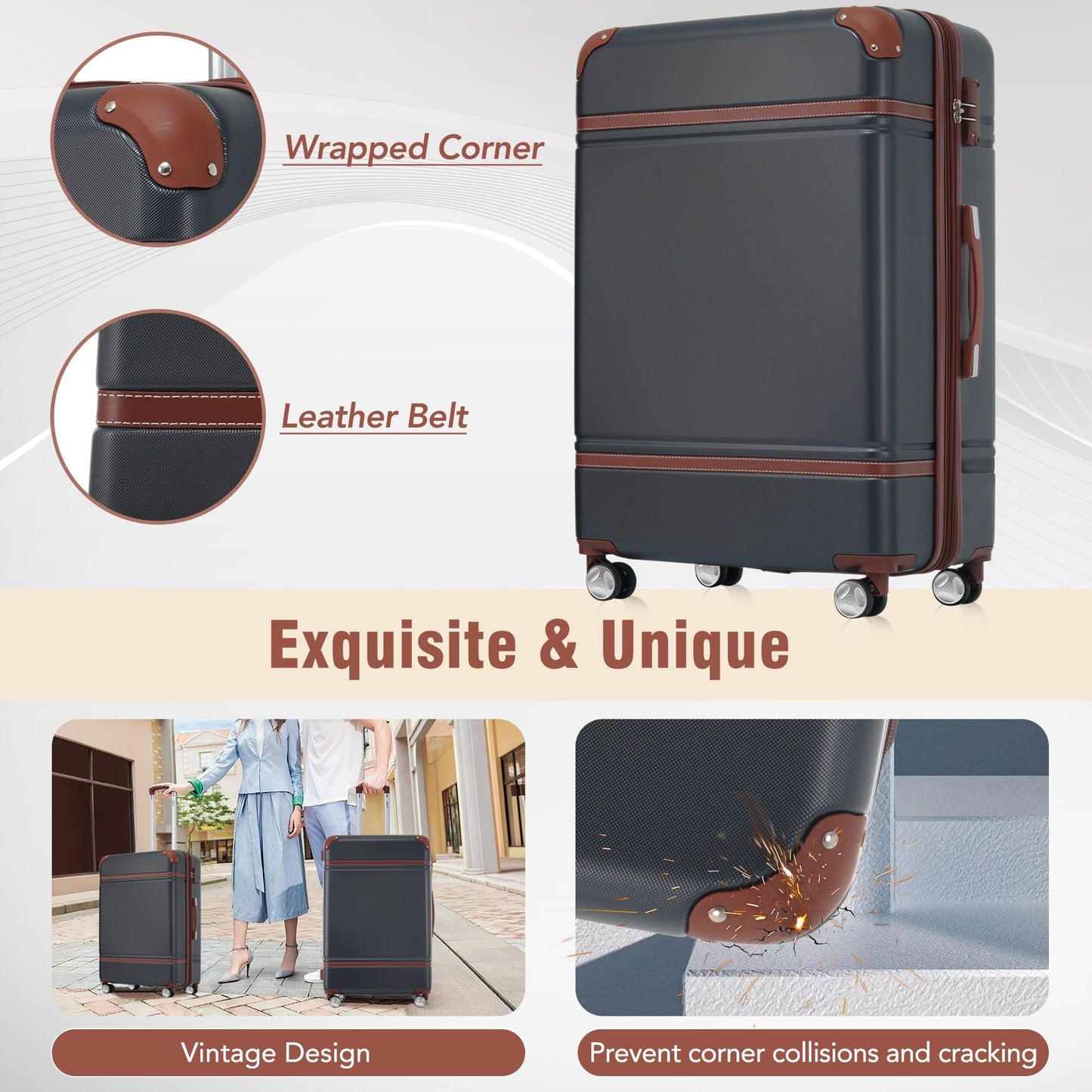 Hardshell Luggage Sets 3 Pieces 20"+24" Luggages and Cosmetic Case Spinner Suitcase with TSA Lock Lightweight,Black