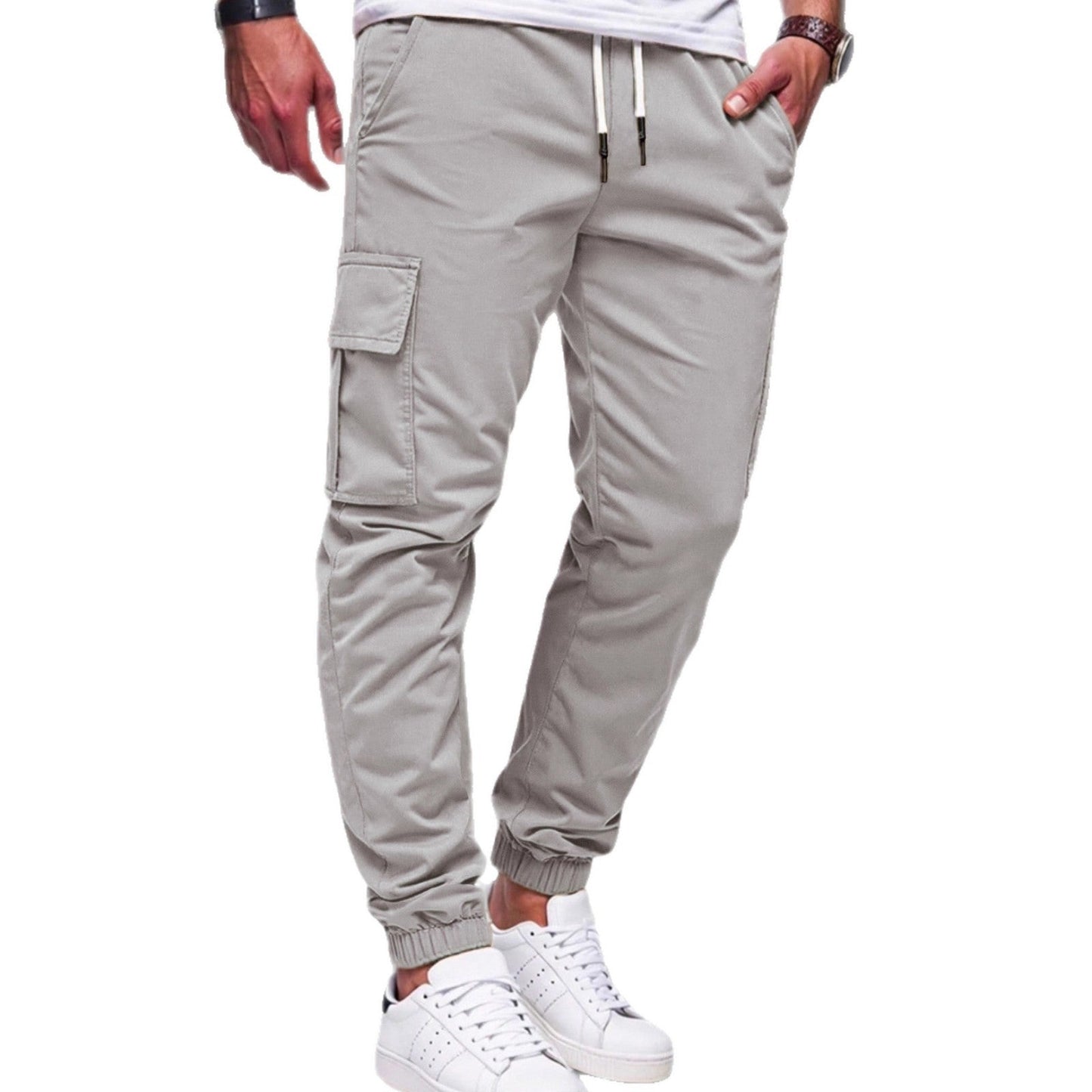 Mens Solid-color Work Pants With Drawstring Elastic Cuffs
