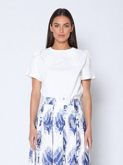 Flower Applique Solid Color T-Shirt