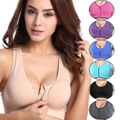 Gray Textured Front Zipper Sports Bra