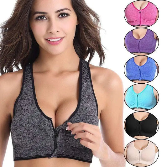 Gray Textured Front Zipper Sports Bra