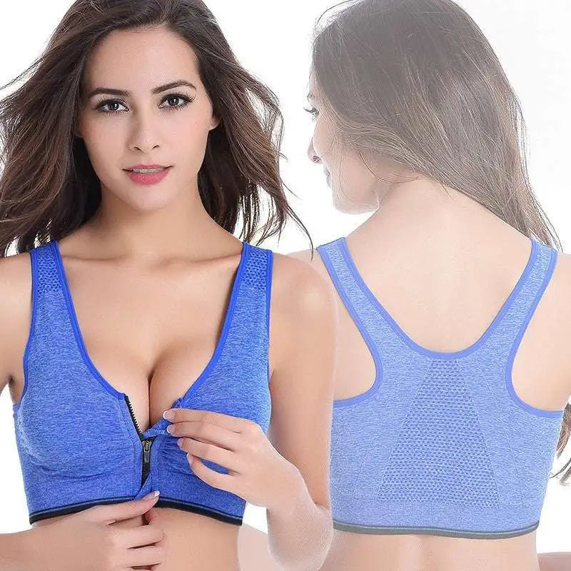 Gray Textured Front Zipper Sports Bra