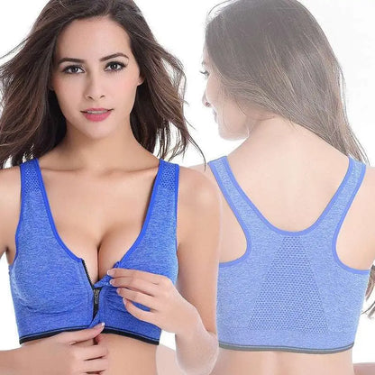 Gray Textured Front Zipper Sports Bra