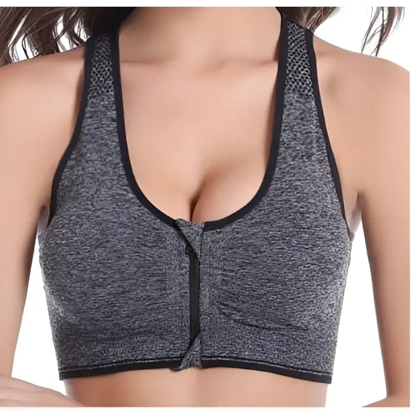 Gray Textured Front Zipper Sports Bra