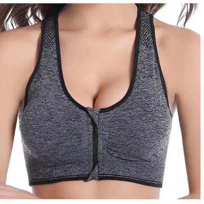 Gray Textured Front Zipper Sports Bra