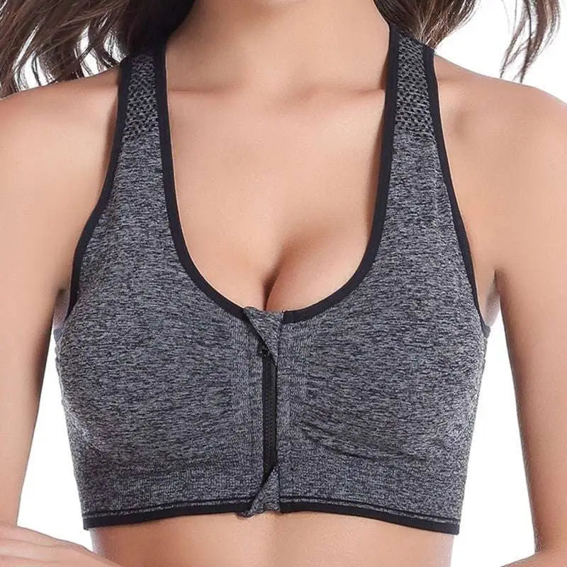 Gray Textured Front Zipper Sports Bra